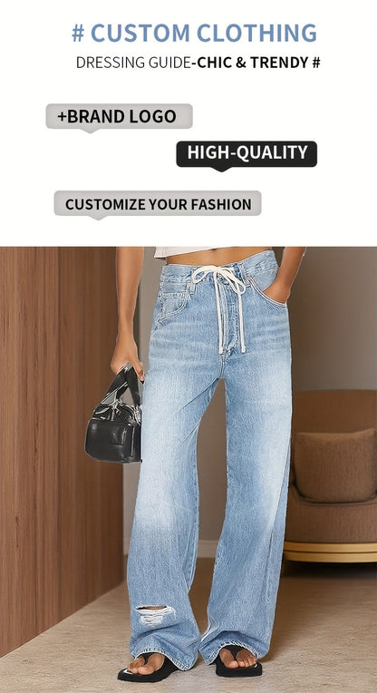 Women's Mid-Rise Wide Leg Jeans - Light Blue Pocket Detail detail view