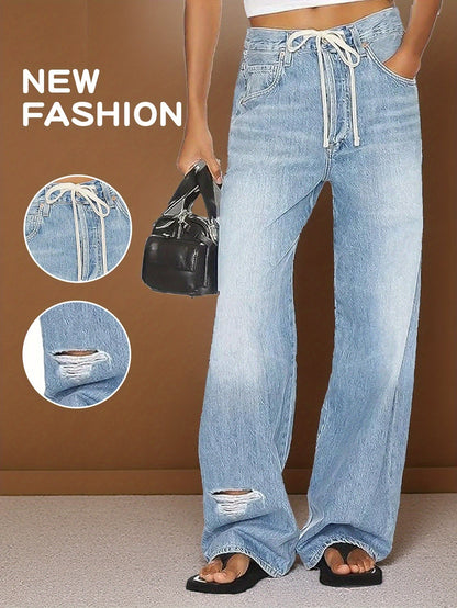 Women's Mid-Rise Wide Leg Jeans - Light Blue Pocket Detail detail view