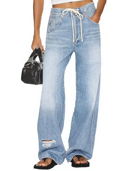 Women's Mid-Rise Wide Leg Jeans - Light Blue Pocket Detail detail view