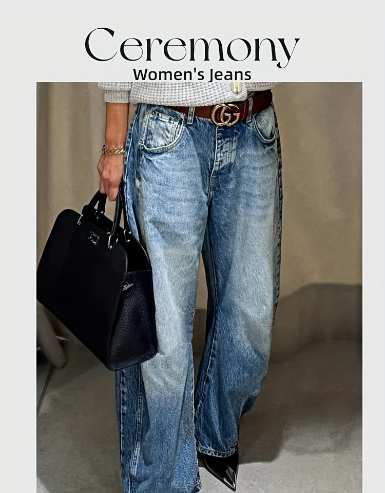 Women's Mid-Rise Wide Leg Jeans - Medium Blue Vintage Wash Stretch detail view