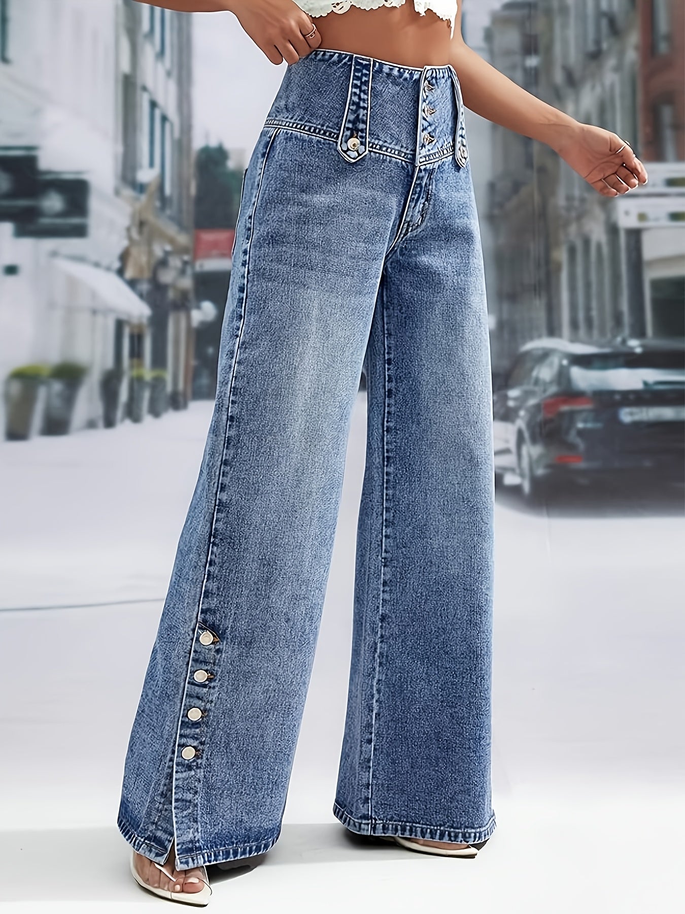 Women's Mid-Rise Wide Leg Jeans - Purple Button Detail detail view