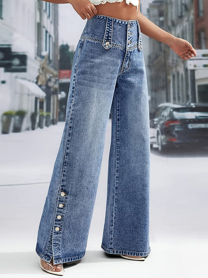 Women's Mid-Rise Wide Leg Jeans - Purple Button Detail detail view