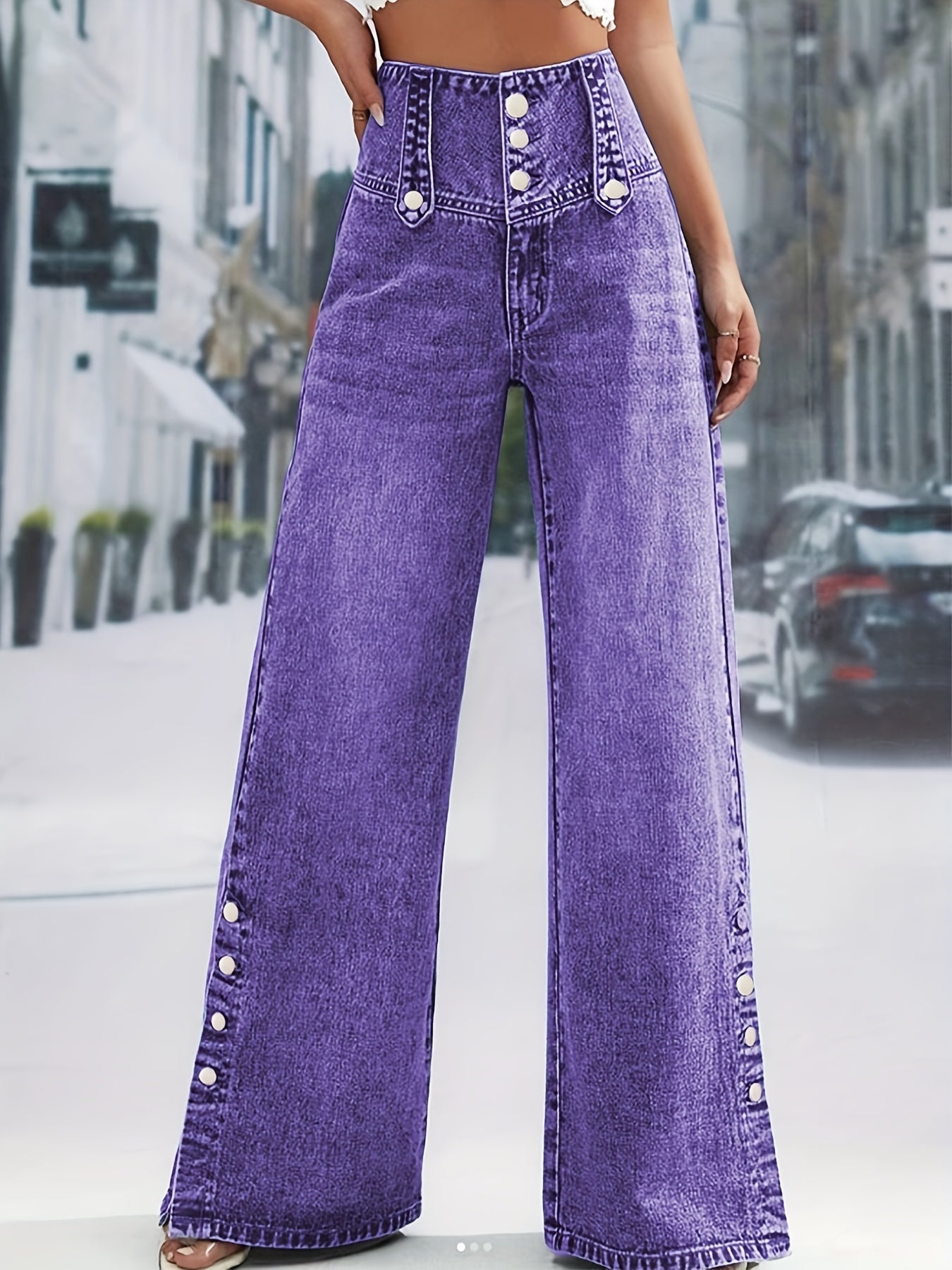Women's Mid-Rise Wide Leg Jeans - Purple Button Detail detail view
