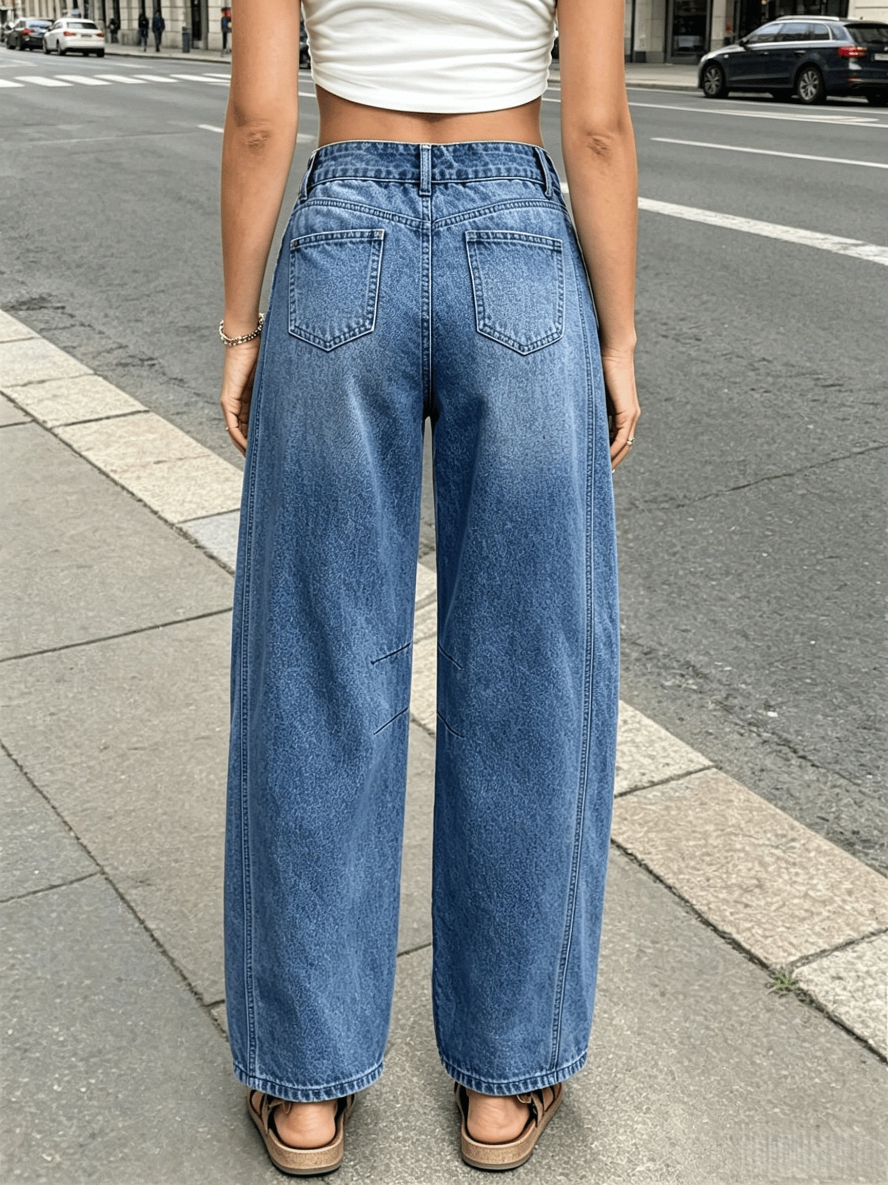 Women's Mid-Rise Wide Leg Jeans - Sea Blue Vintage Wash detail view