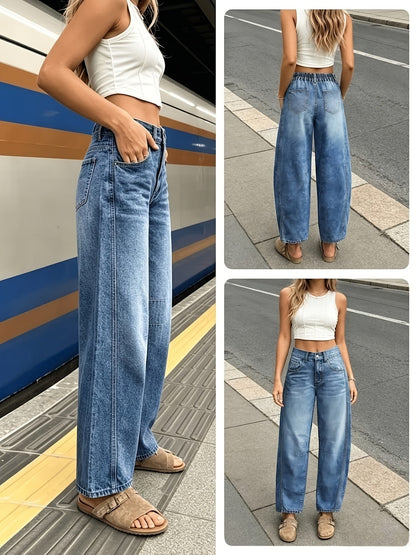 Women's Mid-Rise Wide Leg Jeans - Sea Blue Vintage Wash detail view