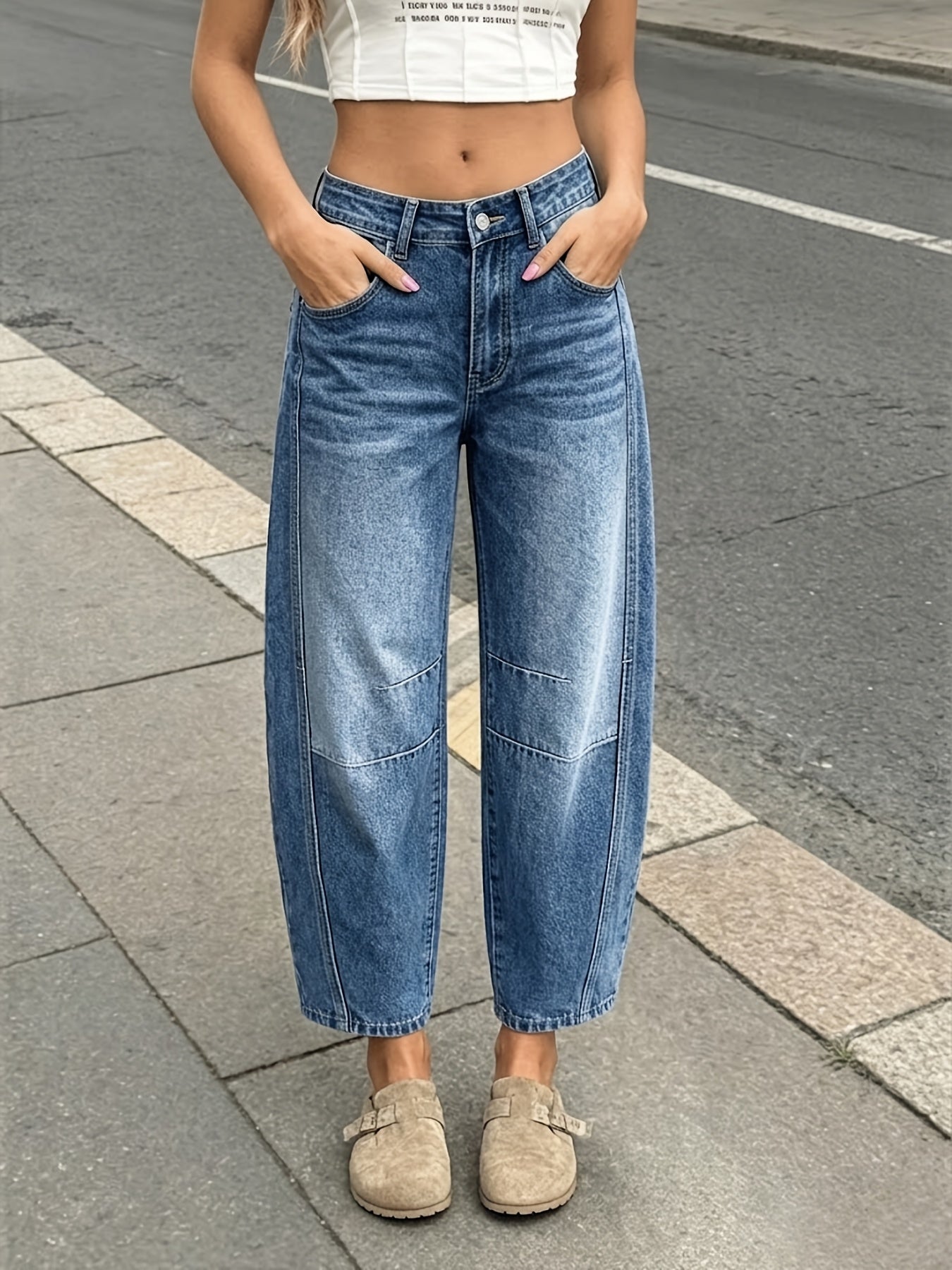 Women's Mid-Rise Wide Leg Jeans - Sea Blue Vintage Wash detail view