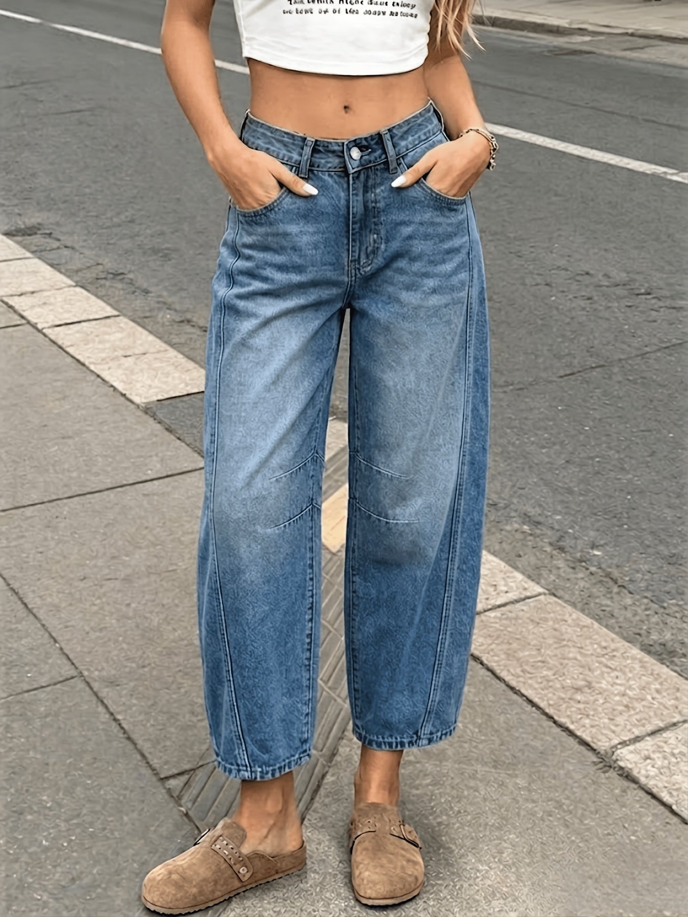Women's Mid-Rise Wide Leg Jeans - Sea Blue Vintage Wash detail view