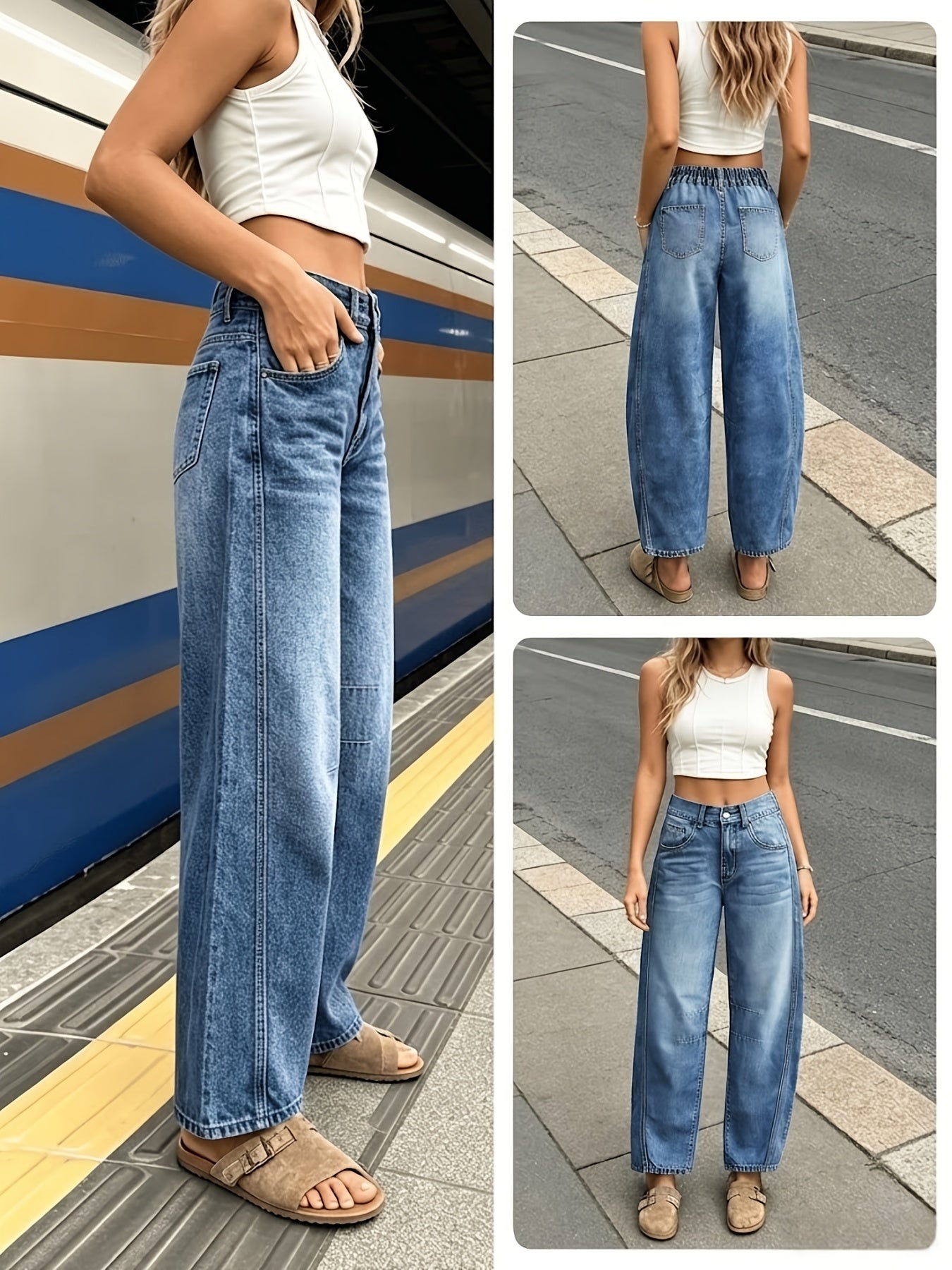Women's Mid-Rise Wide Leg Jeans - Sea Blue Vintage Wash detail view
