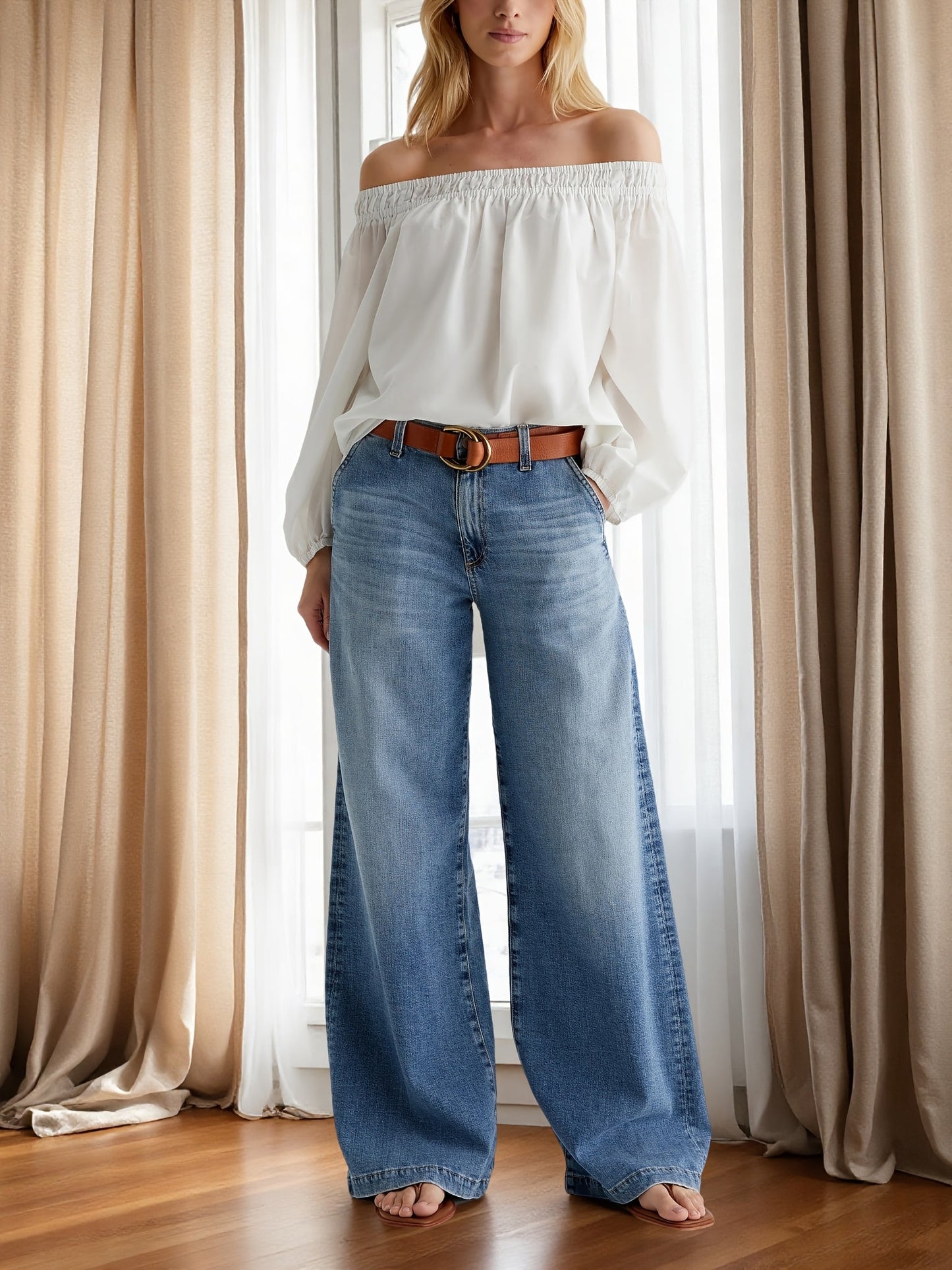 Women's Mid-Rise Wide Leg Jeans - Sky Blue Stretch detail view