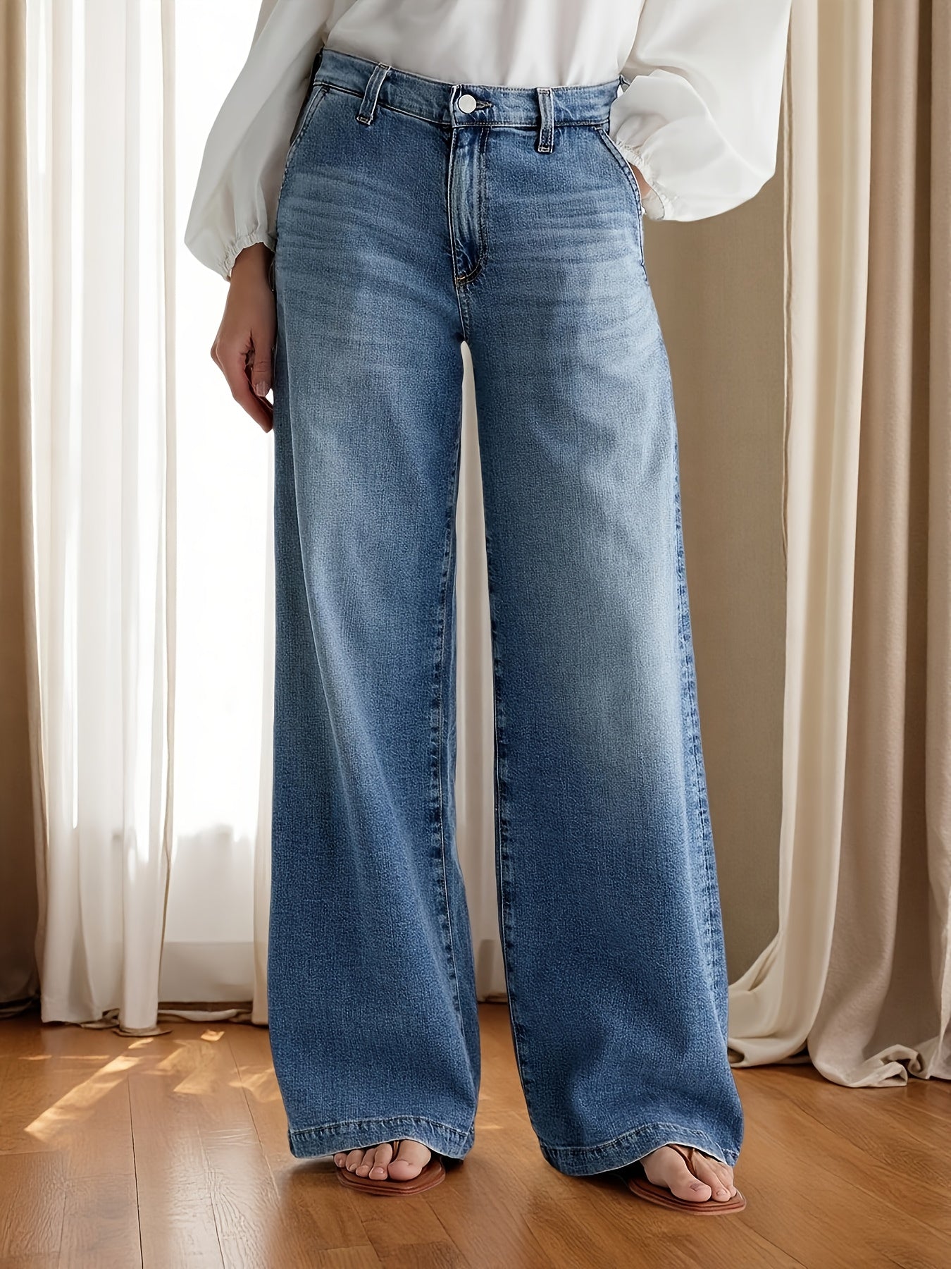 Women's Mid-Rise Wide Leg Jeans - Sky Blue Stretch detail view