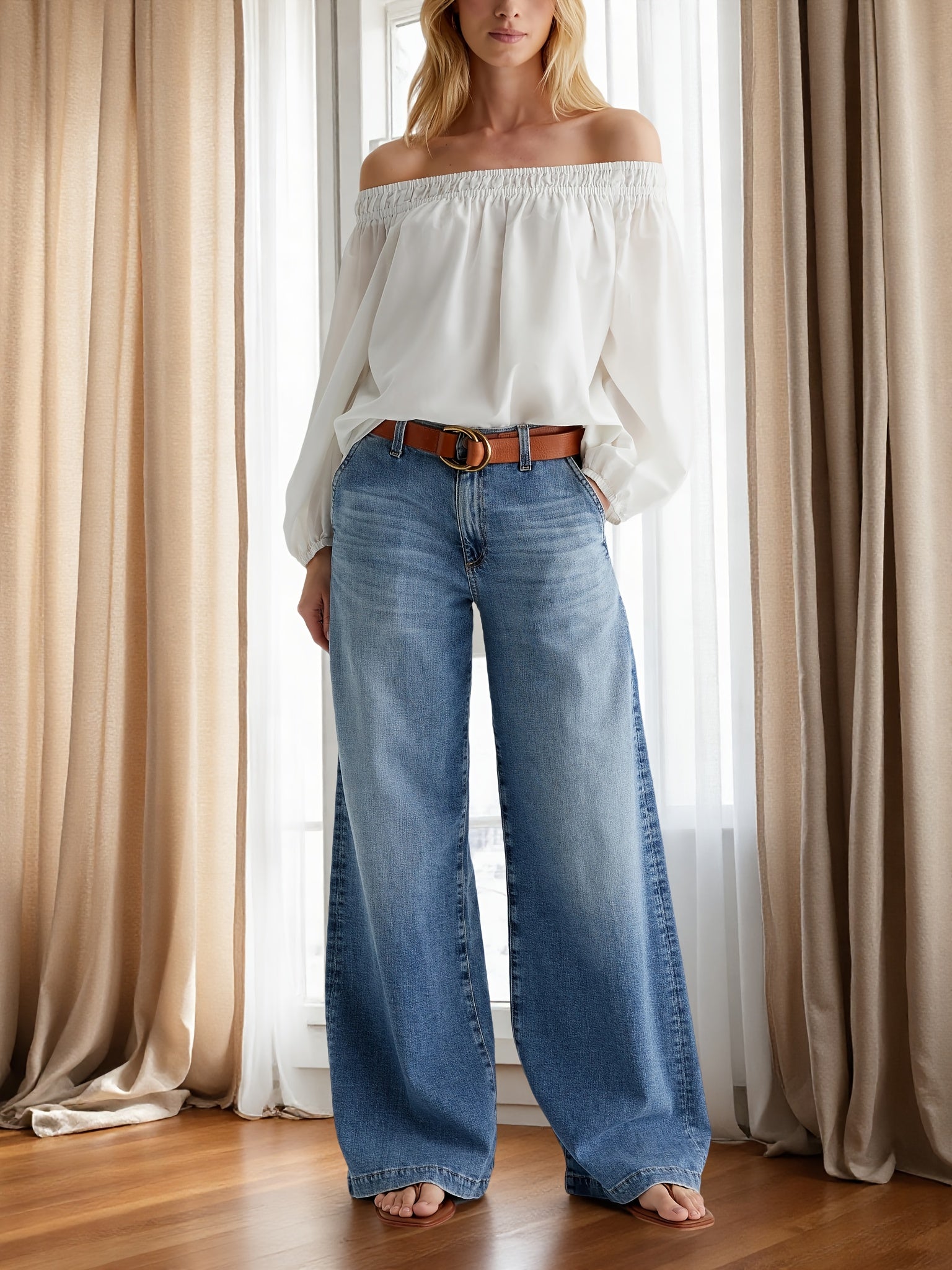 Women's Mid-Rise Wide Leg Jeans - Sky Blue Stretch detail view
