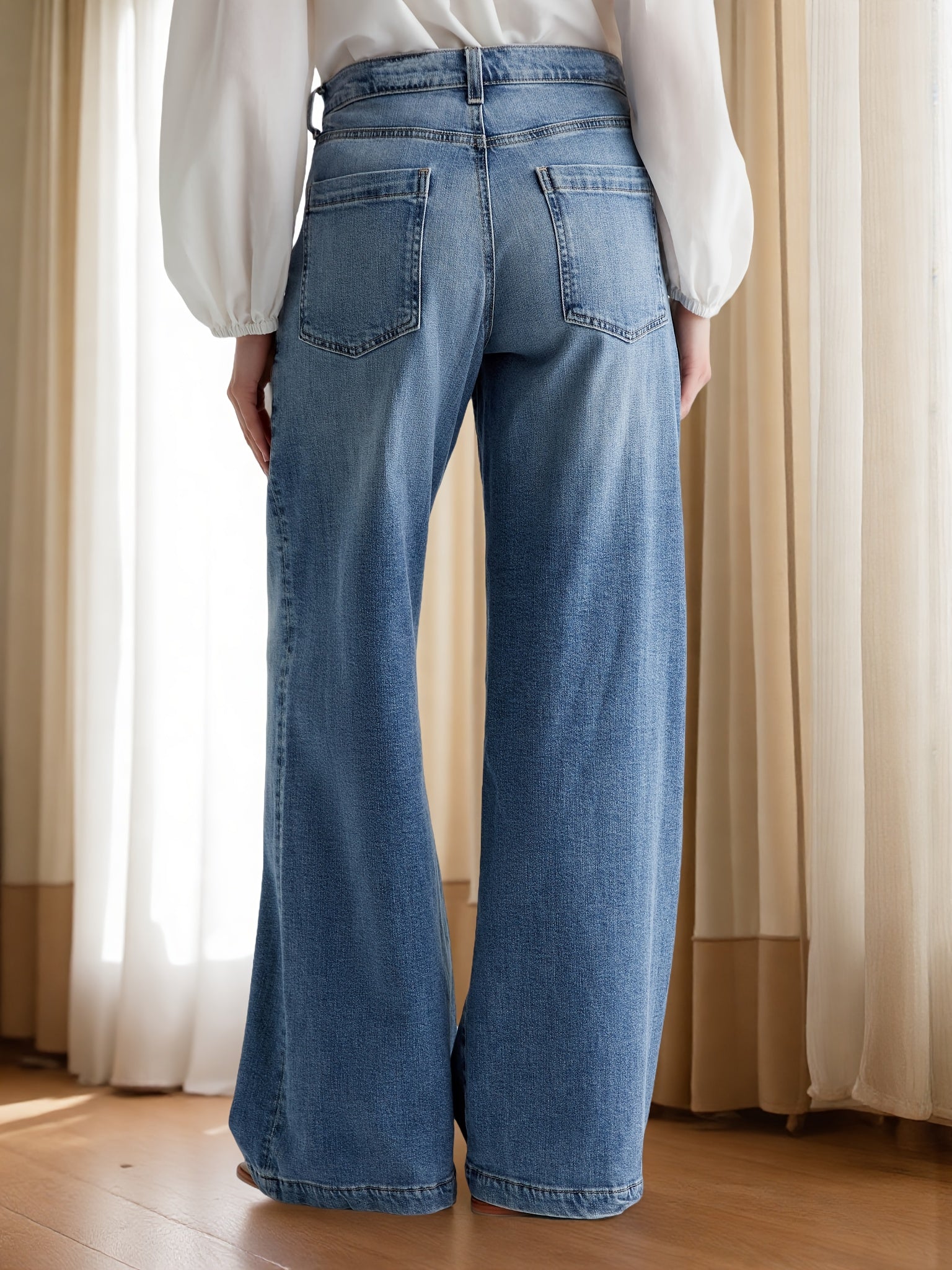 Women's Mid-Rise Wide Leg Jeans - Sky Blue Stretch detail view