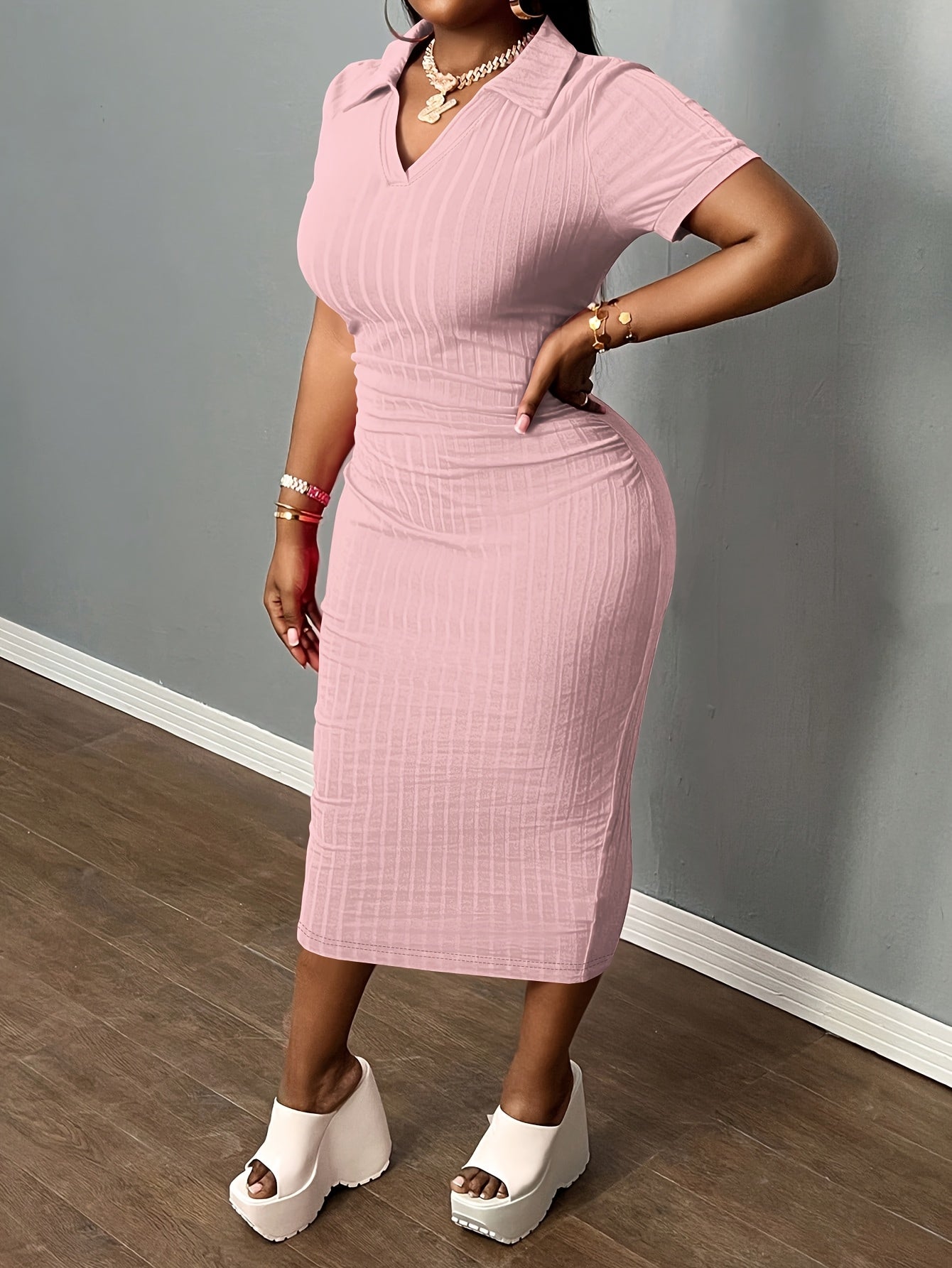Women's Midi Bodycon Dress – Short Sleeve – Pink option – main product image
