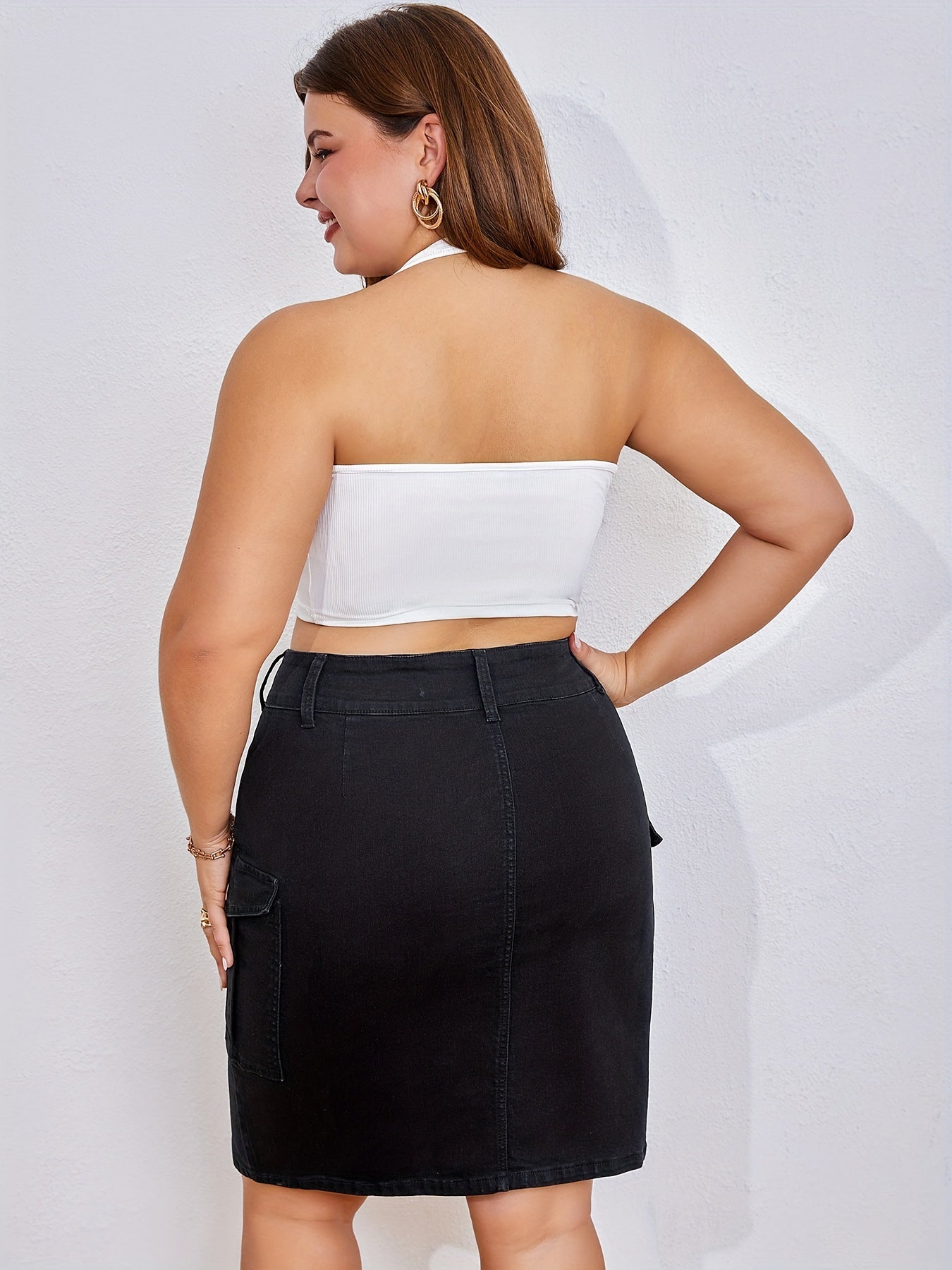 Women's Midi Denim Skirt - Button Front Black detail view