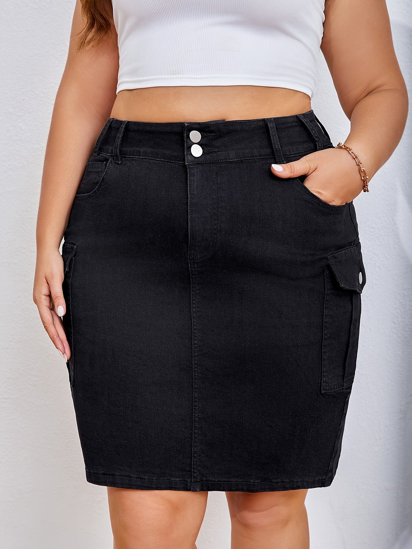 Women's Midi Denim Skirt - Button Front Black detail view