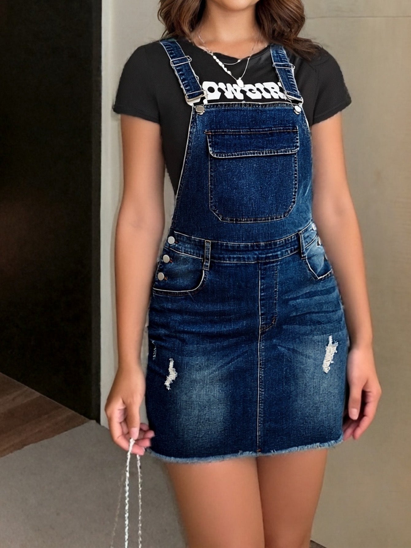 Women's Midi Denim Skirt - Distressed Medium Blue – view 9
