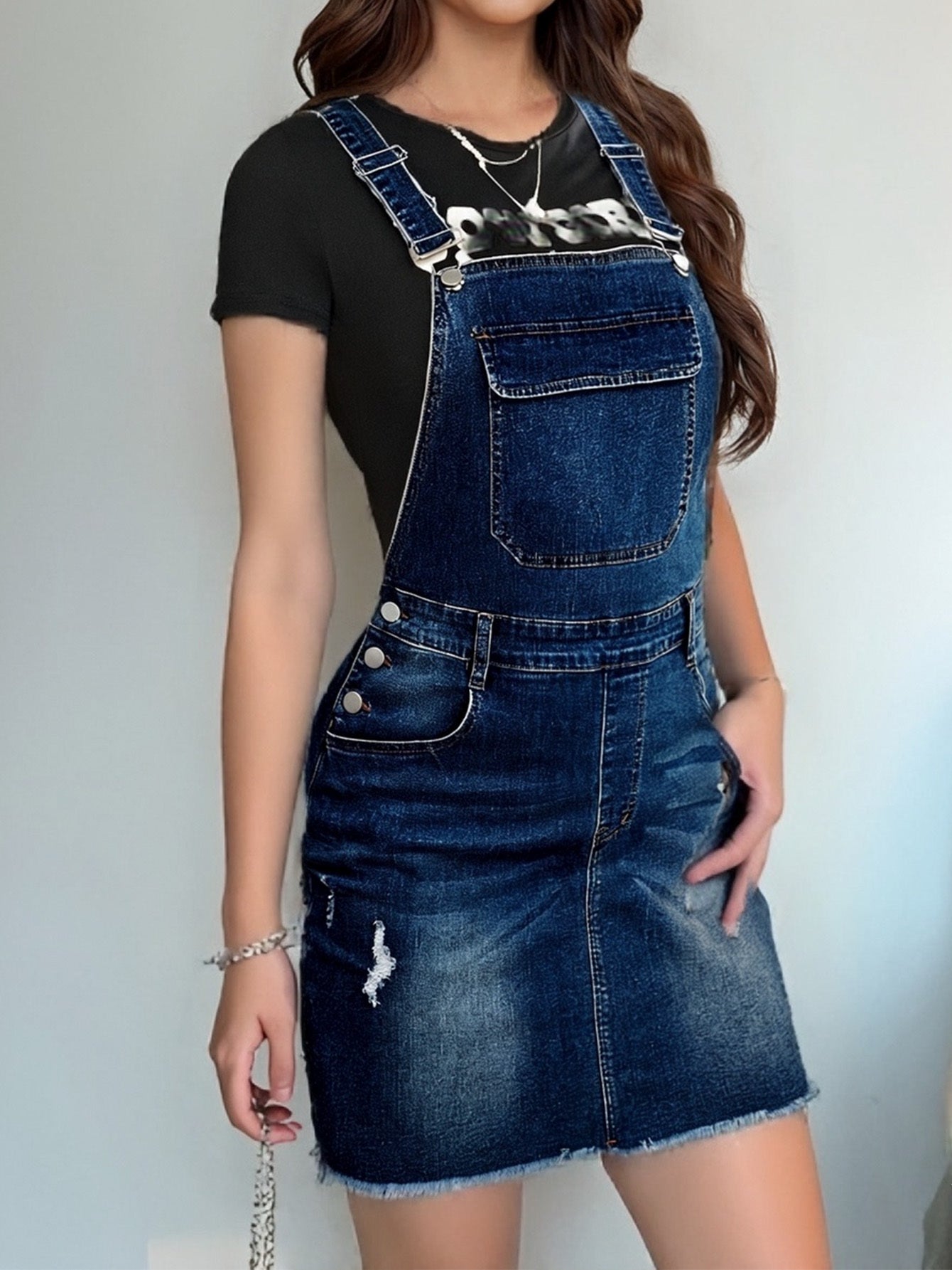 Women's Midi Denim Skirt - Distressed Medium Blue detail view