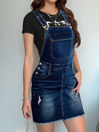Women's Midi Denim Skirt - Distressed Medium Blue detail view