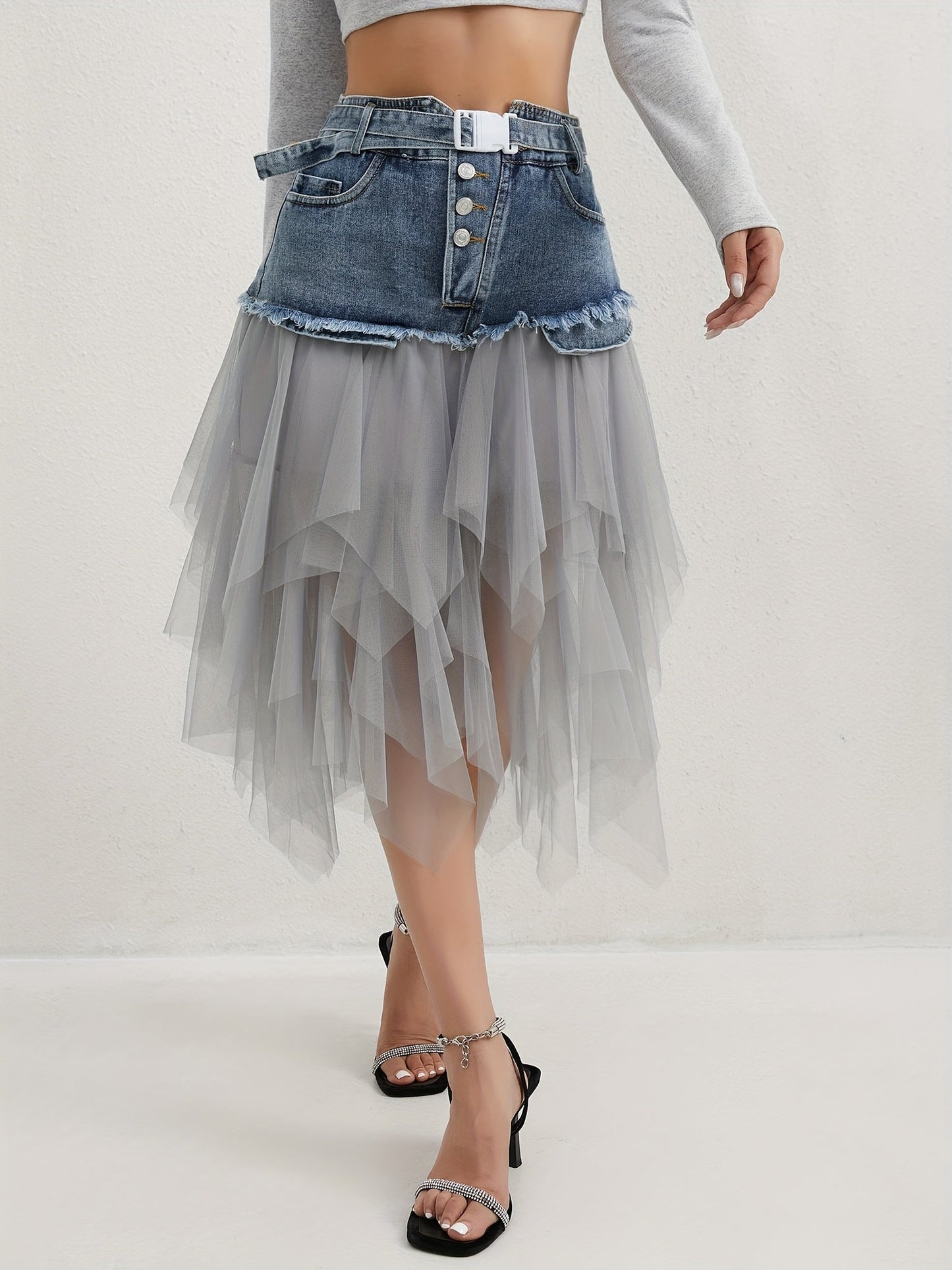 Women's Midi Denim Skirt - High-Waist Button Front Blue – view 9
