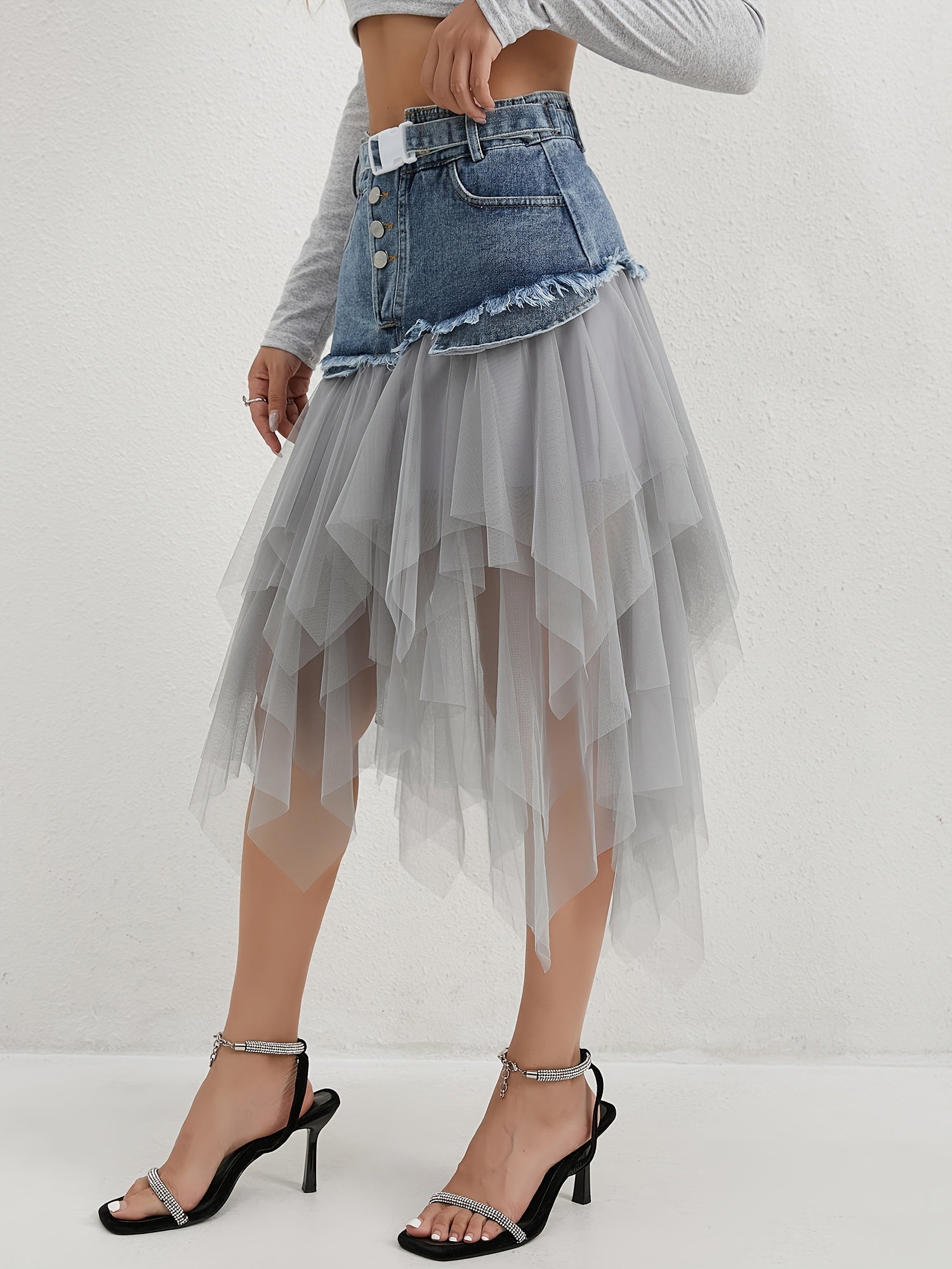 Women's Midi Denim Skirt - High-Waist Button Front Blue – view 12