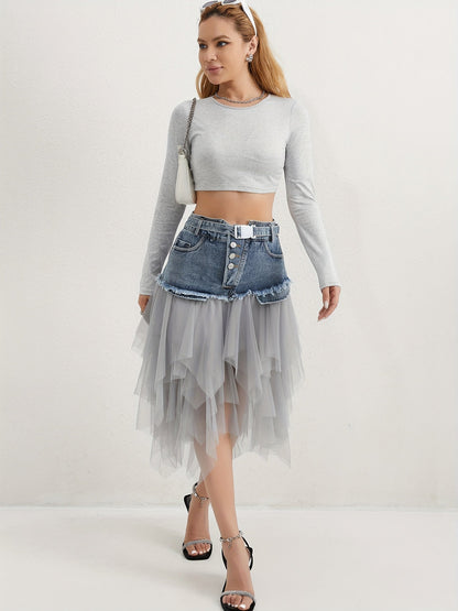 Women's Midi Denim Skirt - High-Waist Button Front Blue detail view
