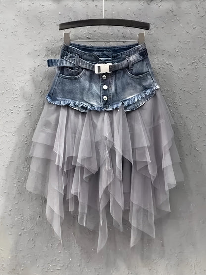 Women's Midi Denim Skirt - High-Waist Button Front Blue detail view
