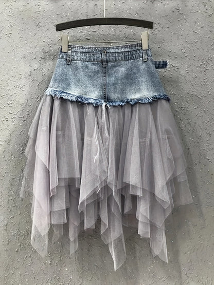 Women's Midi Denim Skirt - High-Waist Button Front Blue detail view