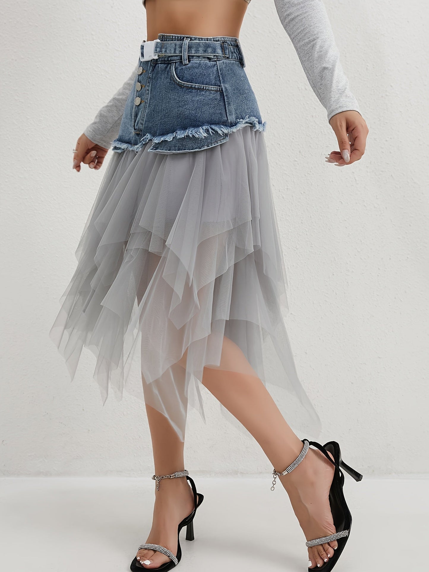 Women's Midi Denim Skirt - High-Waist Button Front Blue detail view