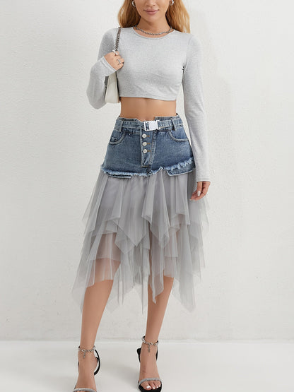Women's Midi Denim Skirt - High-Waist Button Front Blue detail view