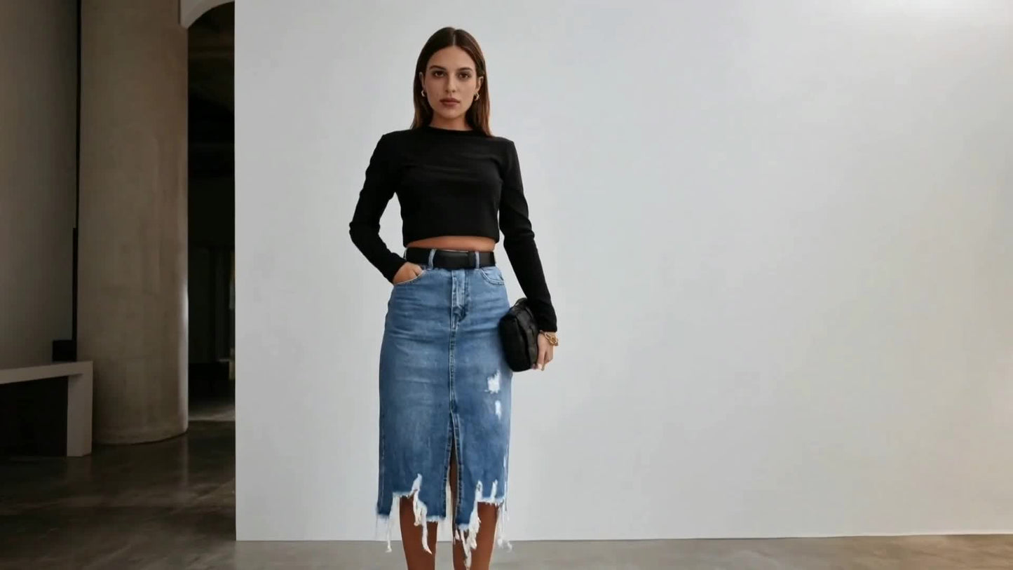 Women's Midi Denim Skirt - High-Waist Distressed – view 5