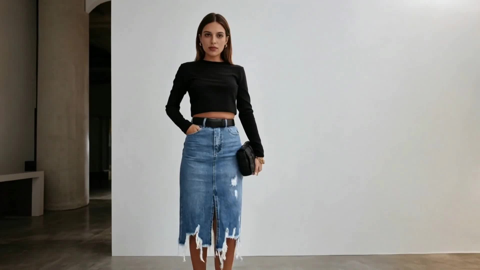 Women's Midi Denim Skirt - High-Waist Distressed – view 5