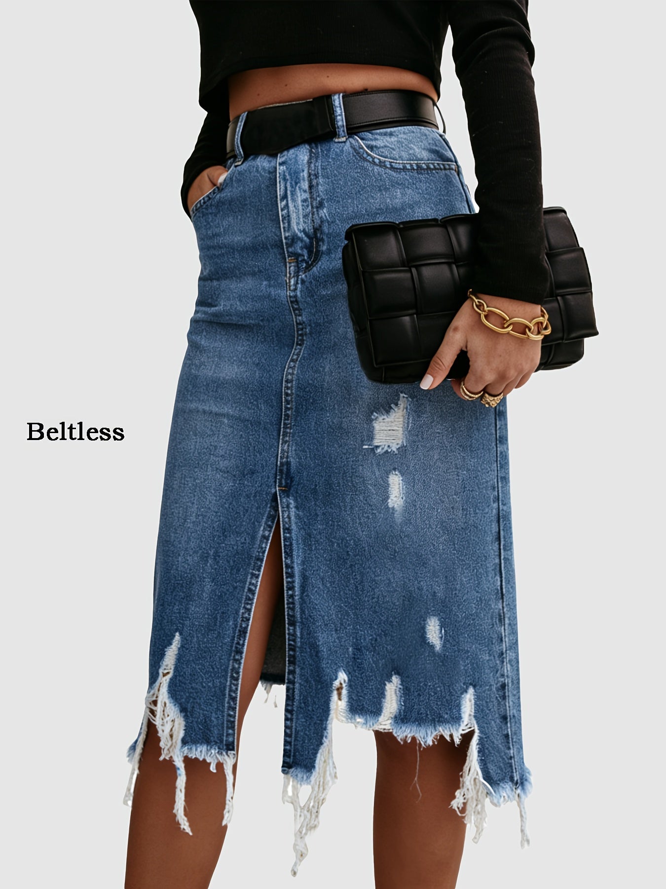 Women's Midi Denim Skirt - High-Waist Distressed – view 6