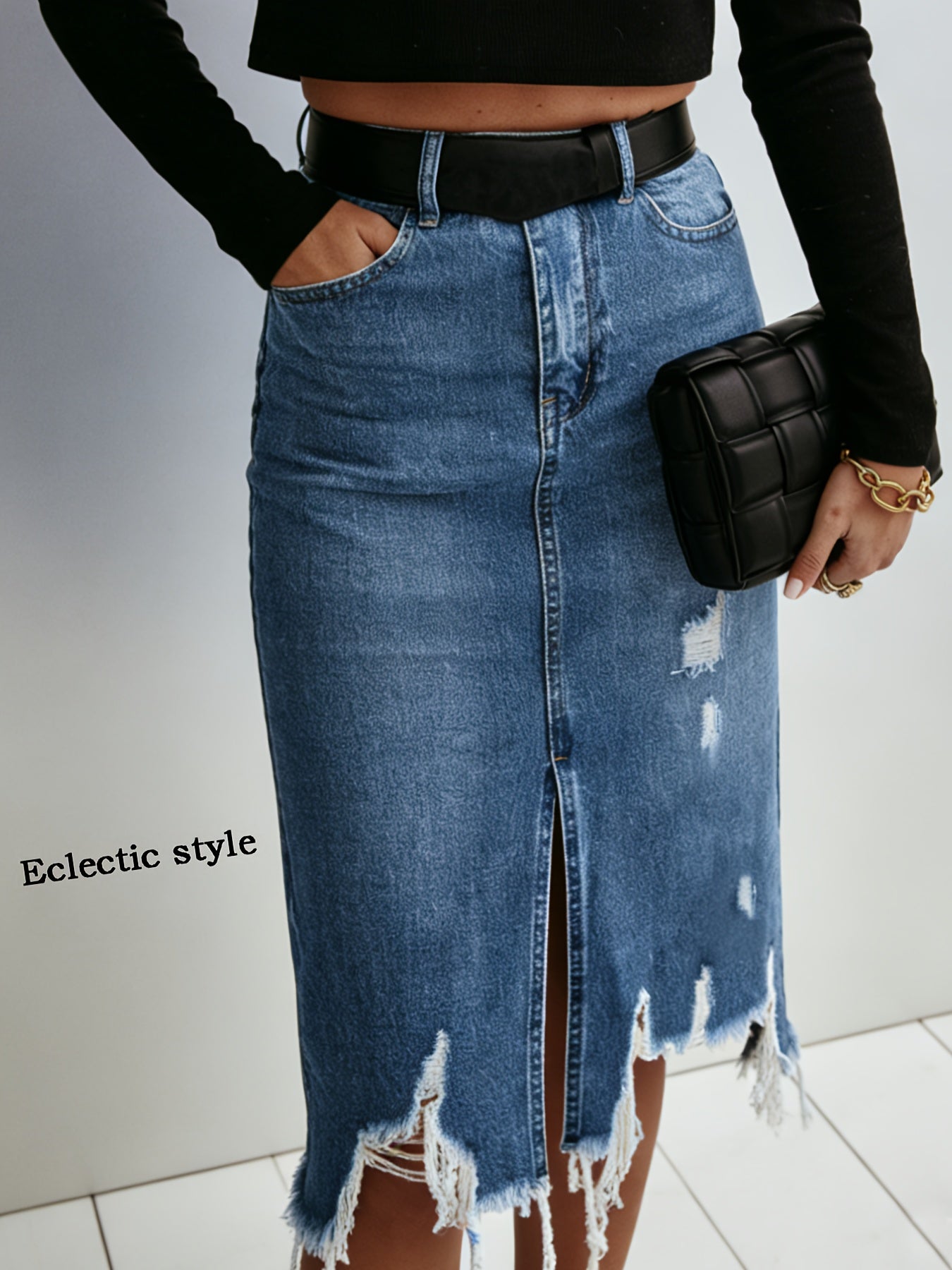 Women's Midi Denim Skirt - High-Waist Distressed – view 7
