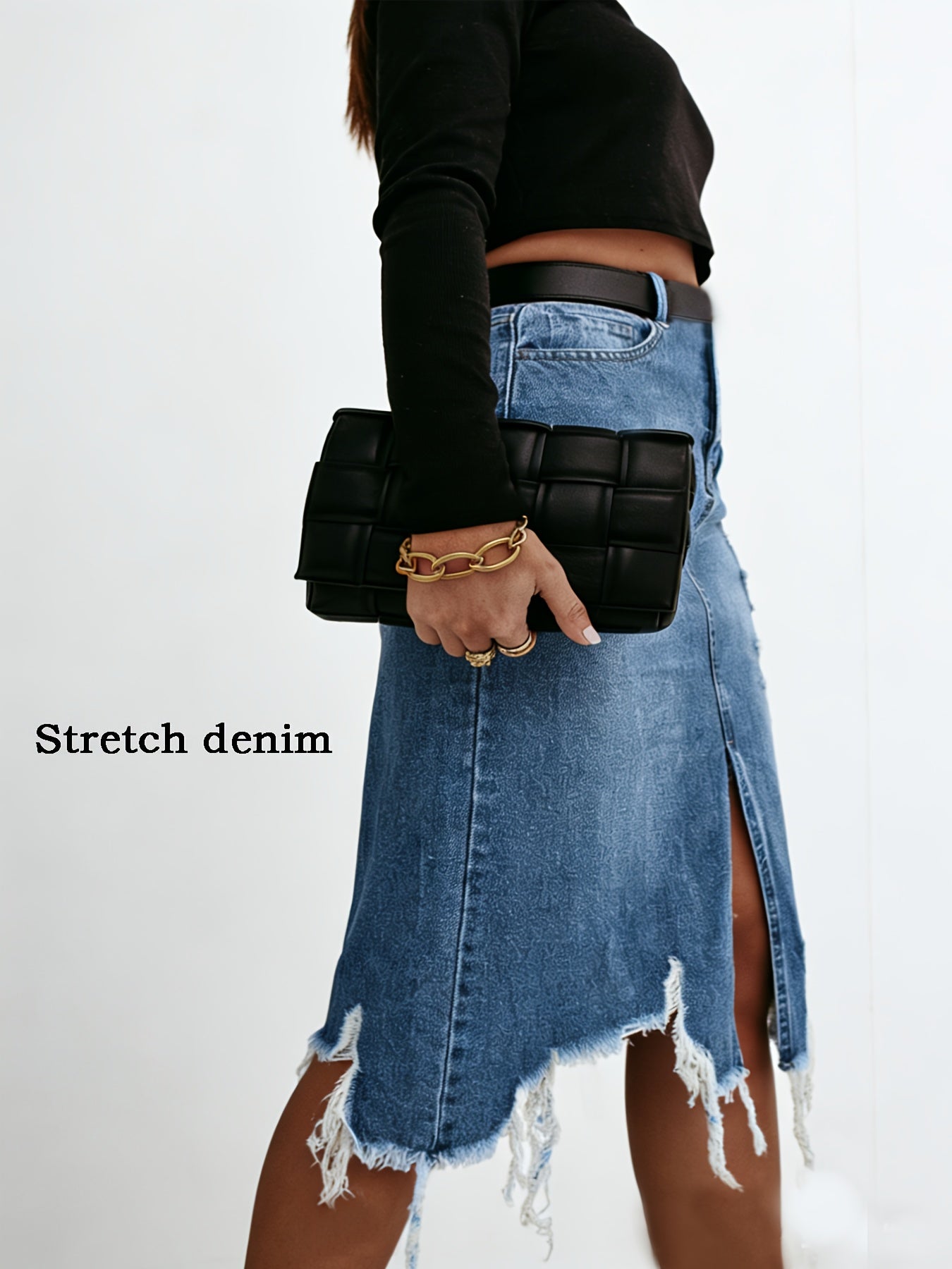 Women's Midi Denim Skirt - High-Waist Distressed – view 8