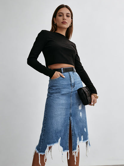 Women's Midi Denim Skirt - High-Waist Distressed – view 9