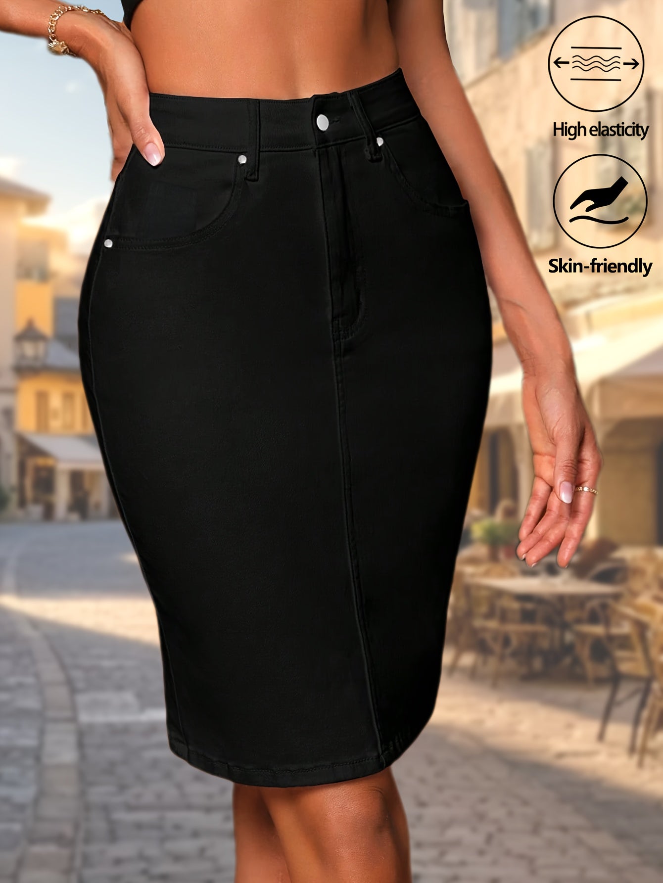 Women's Midi Denim Skirt - High-Waist Slit Detail White detail view