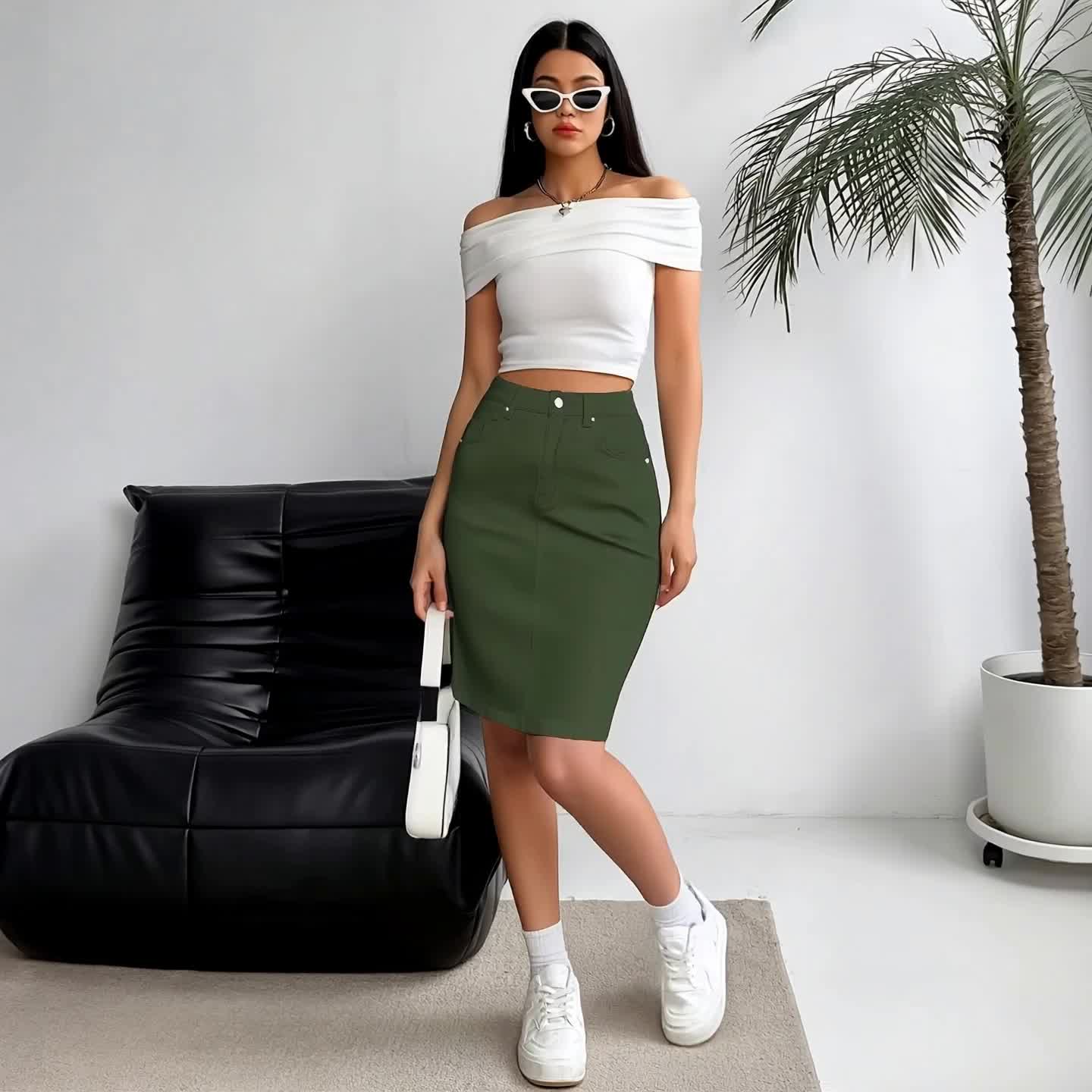 Women's Midi Denim Skirt - High-Waist Solid Color Fern Green detail view