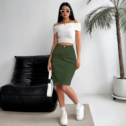 Women's Midi Denim Skirt - High-Waist Solid Color Fern Green detail view
