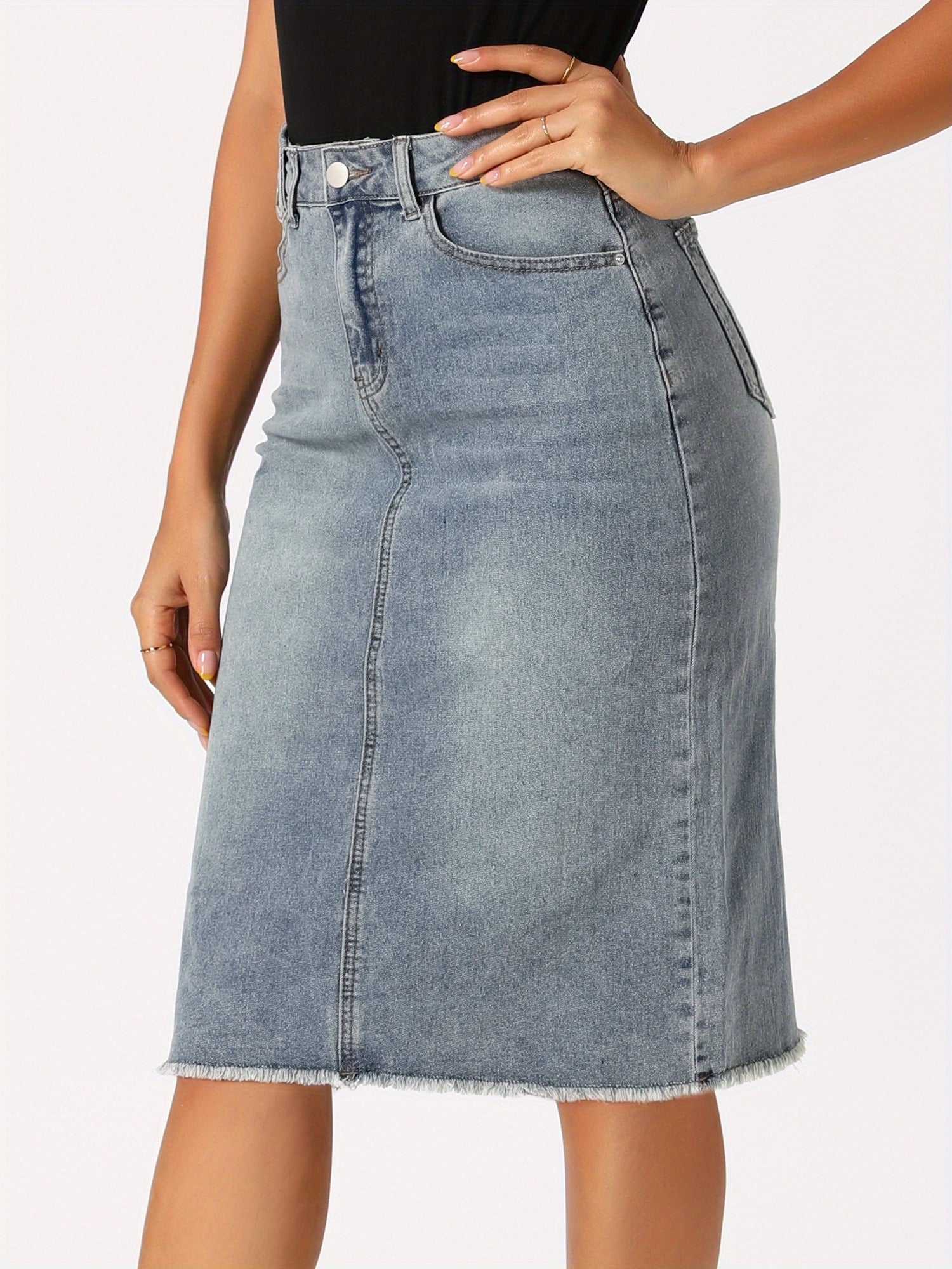 Women's Midi Denim Skirt - High-Waist Solid Color Grey Blue – view 4