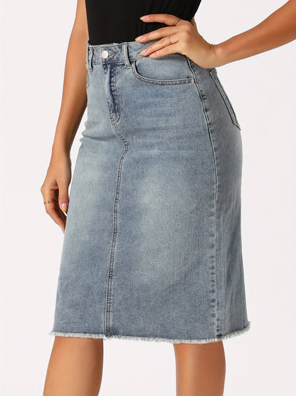 Women's Midi Denim Skirt - High-Waist Solid Color Grey Blue – Grey option – main product image