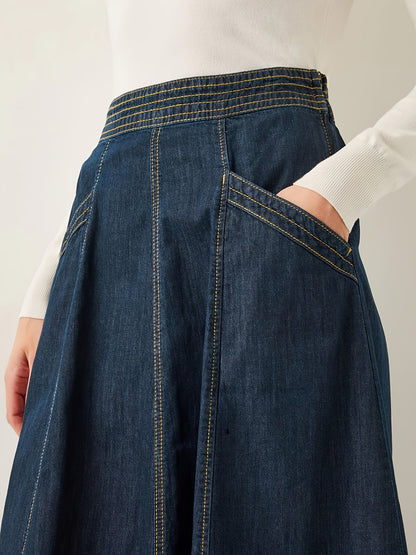 Women's Midi Denim Skirt - High-Waist Solid Color Medium Blue – view 2