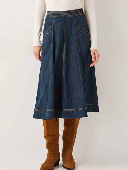 Women's Midi Denim Skirt - High-Waist Solid Color Medium Blue – view 4