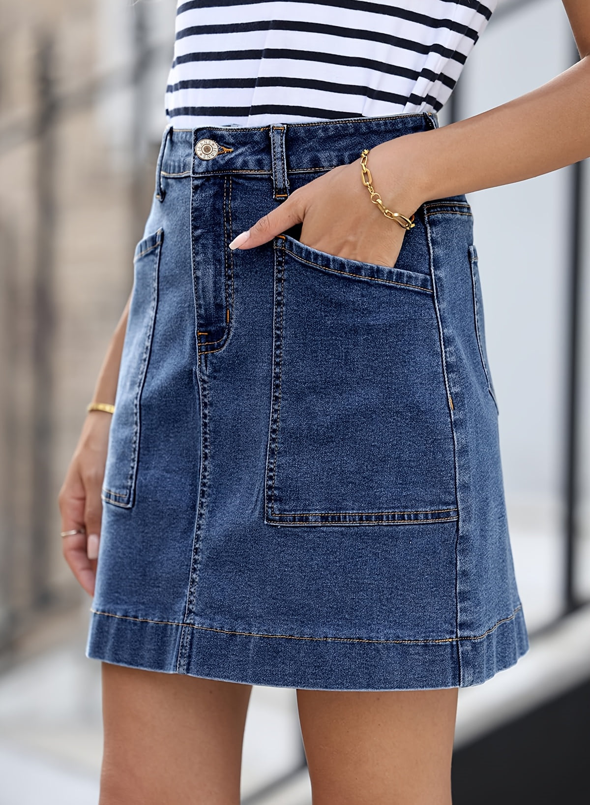 Women's Midi Denim Skirt - High-Waist Solid Color Navy Color – view 4