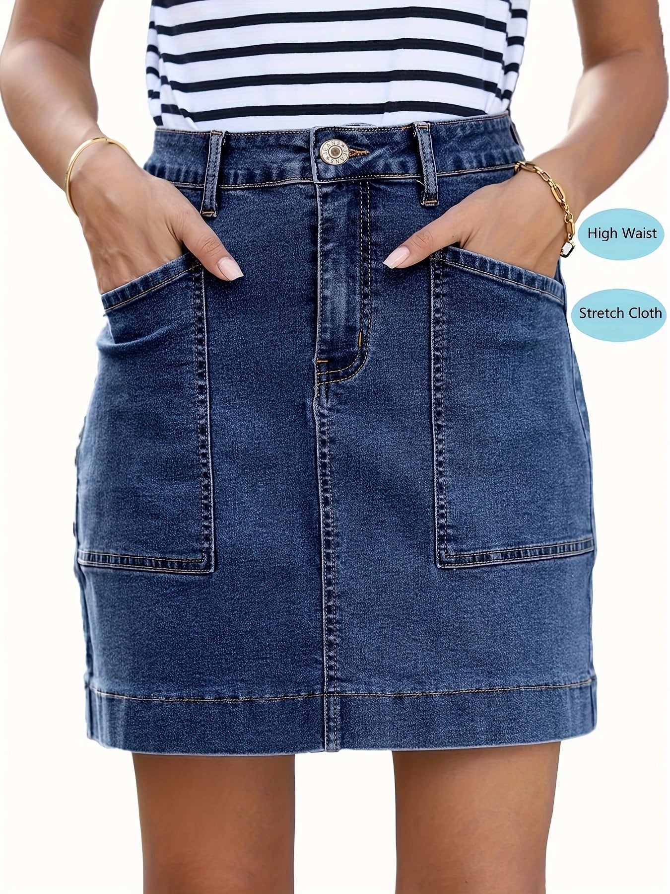 Women's Midi Denim Skirt - High-Waist Solid Color Navy Color – view 6