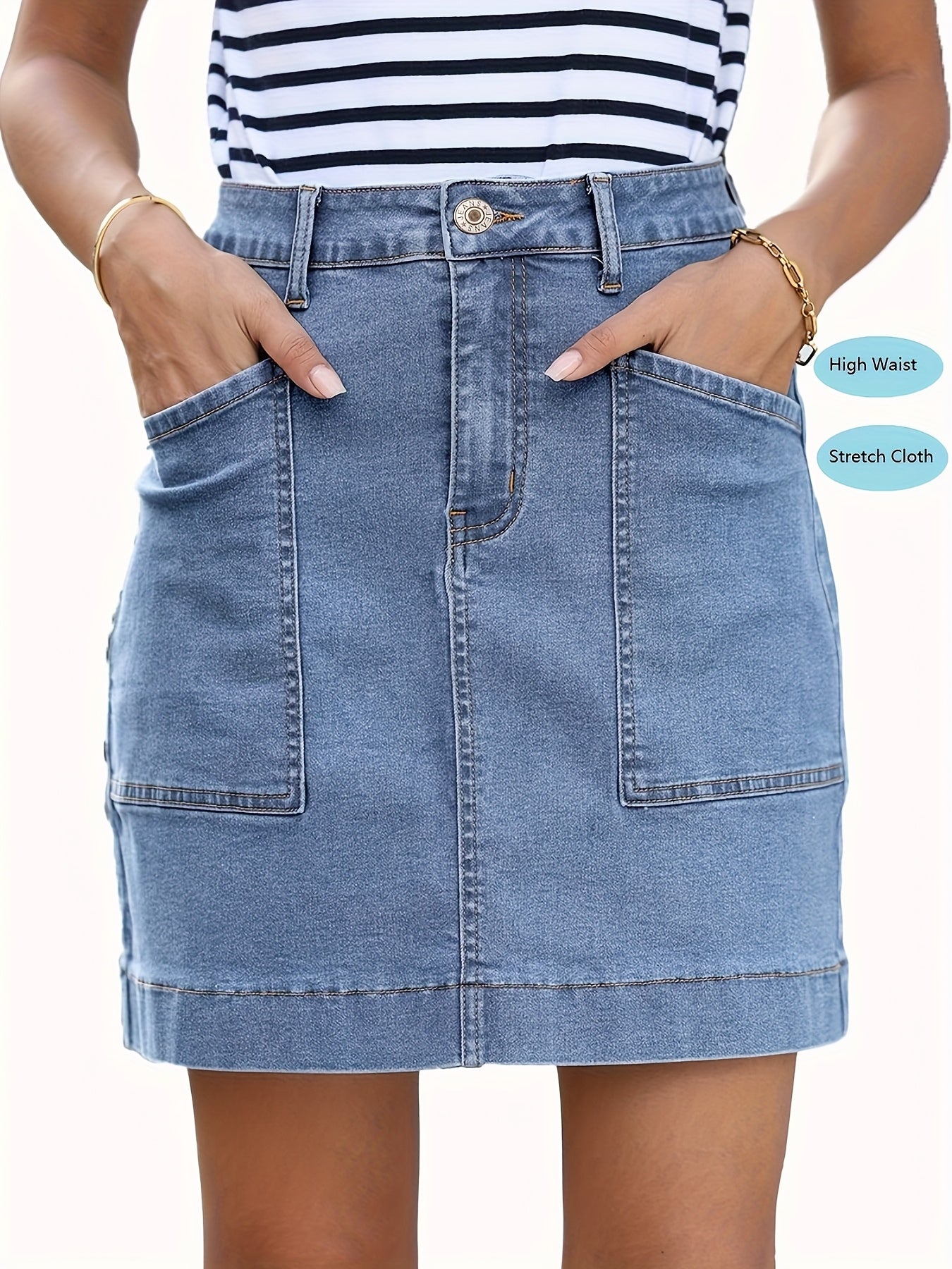 Women's Midi Denim Skirt - High-Waist Solid Color Navy Color – view 8
