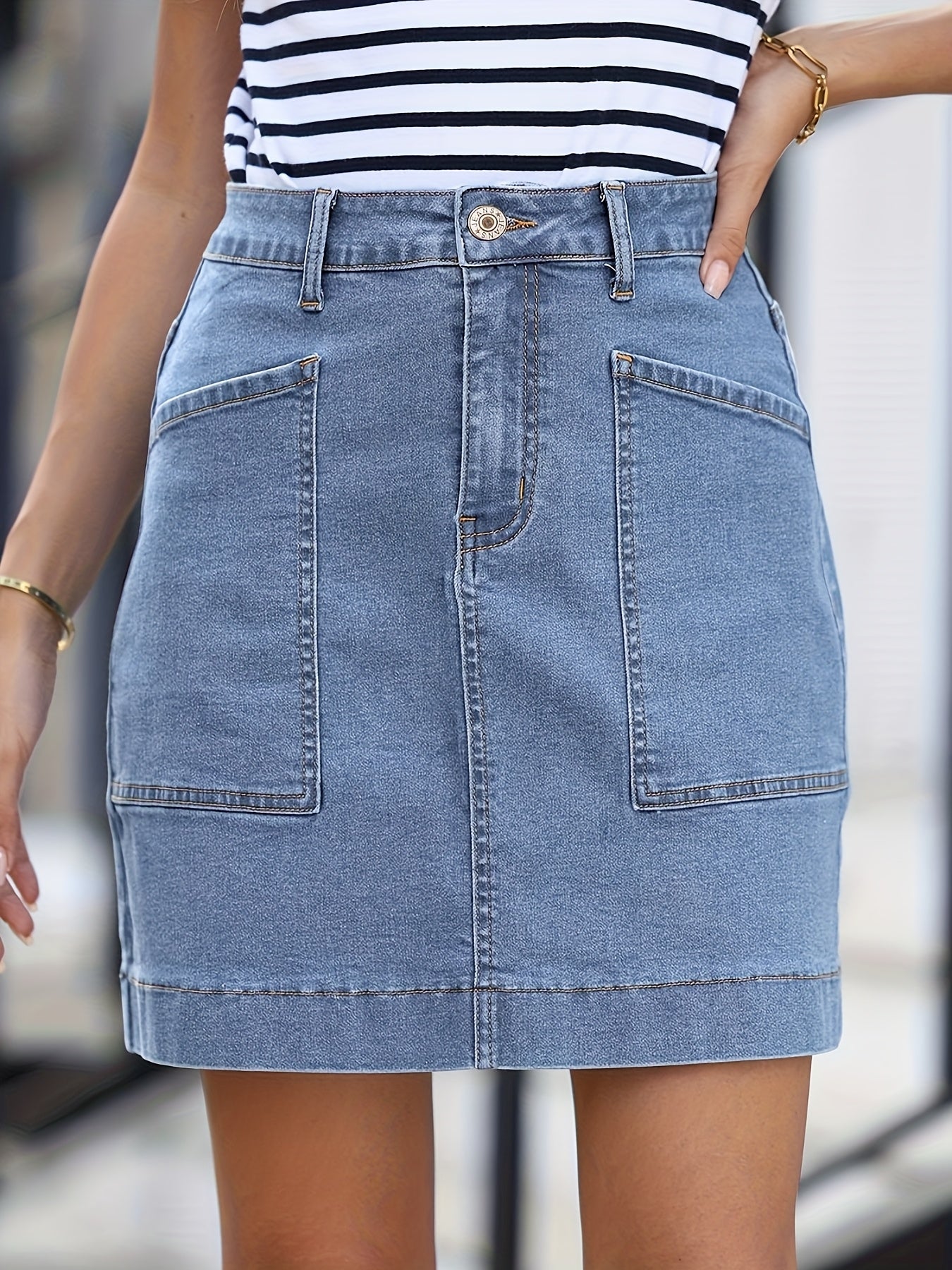Women's Midi Denim Skirt - High-Waist Solid Color Navy Color – view 9