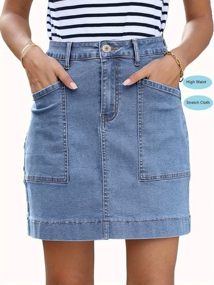 Women's Midi Denim Skirt - High-Waist Solid Color Navy Color – Navy option – view 2