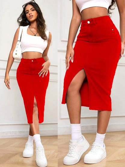 Women's Midi Denim Skirt - High-Waist Solid Color Red detail view