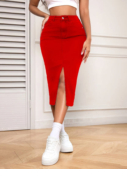 Women's Midi Denim Skirt - High-Waist Solid Color Red detail view