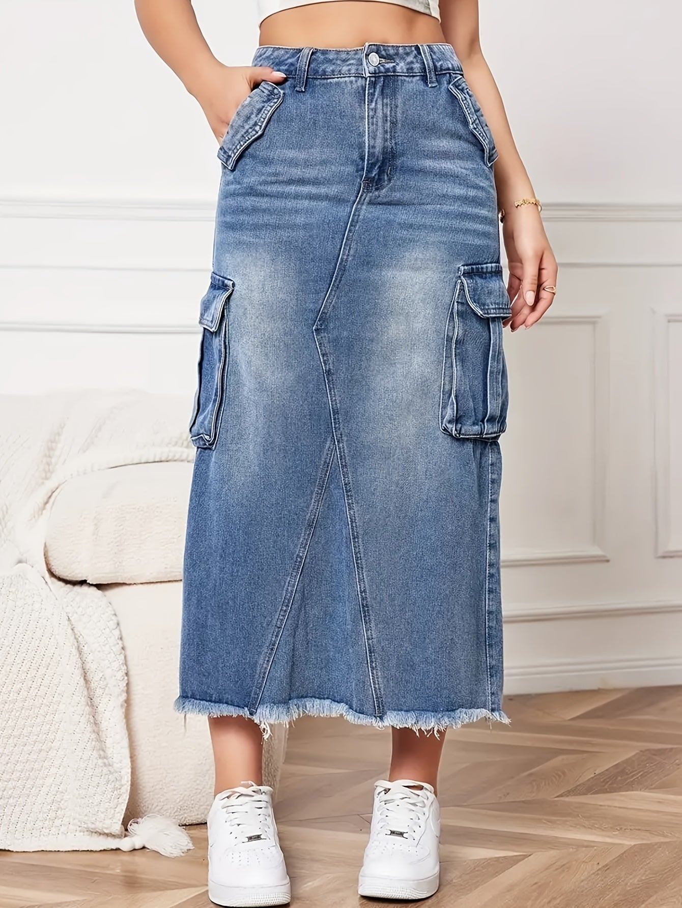 Women's Midi Denim Skirt - Mid-Rise Frayed Hem – Blue option – main product image